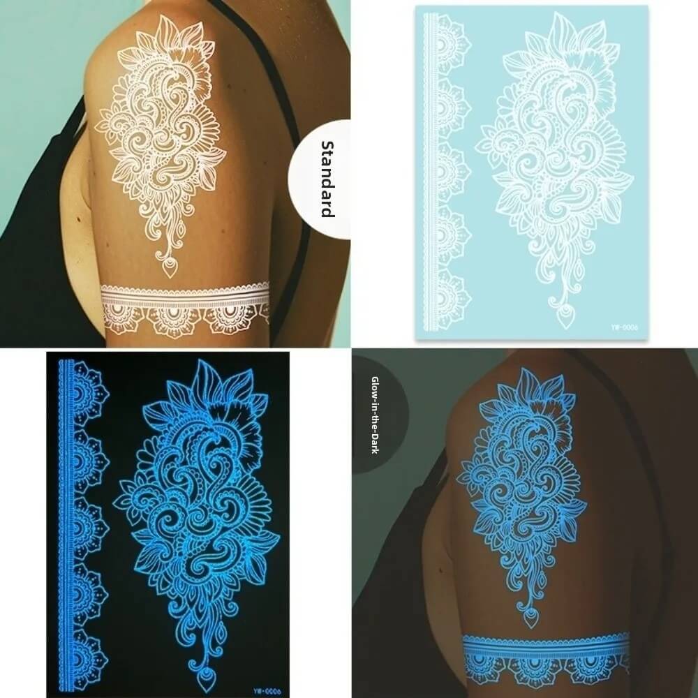 Decorative tattoo design on skin with matching stencil and glowing effect.